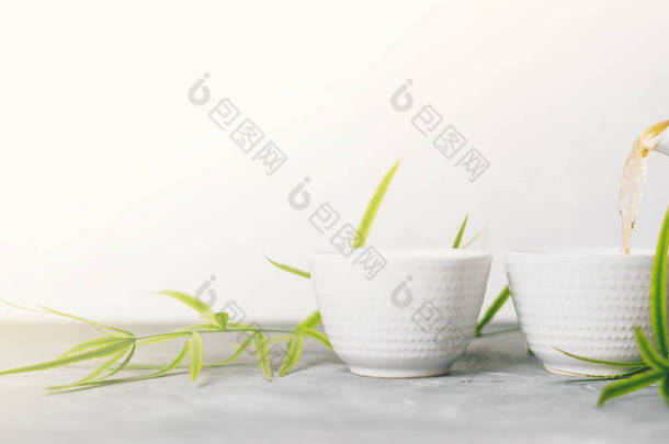 女性手将绿茶从茶壶倒进杯中, 背景为白色背景, 并有复制空间。亚洲茶具长宽的 banne.