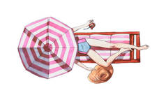 水彩插图一个妇女躺在沙滩上的日光浴床下, 伞下拿着帽子和热带鸡尾酒