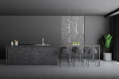 现代厨房的内部与灰色和石头墙壁, 石头地板, 石头台面与内置水槽和烤箱和酒吧与灰色凳子。3d 渲染