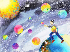 抓住你的梦想，快乐的男孩跑在宇宙中成功的水彩画