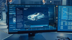 专业工程师使用 3d Cad 软件在计算机上工作，并在高科技开发实验室中测试电动汽车底盘原型，并配有车轮、电池和发动机.