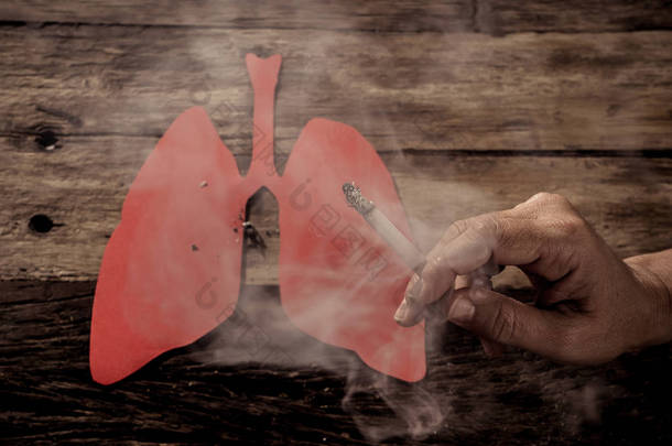 烟草和肺癌的广告风格图片，医疗警告，戒烟和戒烟运动。 用肺作为烟灰缸燃烧香烟的手部概念图.
