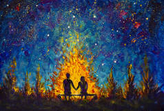 油画- -一对恋人坐在篝火边的长椅上，看着夜空- -浪漫的风景画