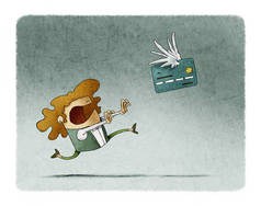 女人在飞走的有翅膀的信用卡后面跑.