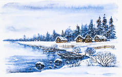 Watercolor painting: Winter village landscape with boats on frozen river