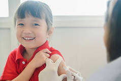 亚洲小孩注射疫苗，特写医生注射疫苗给小女孩手臂她的笑脸和相机，疫苗注射免疫健康和医疗概念.
