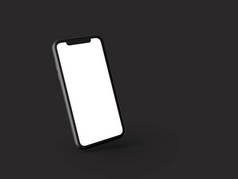 智能手机在透视-模拟前面与白色屏幕隔离的黑色背景.3d说明.
