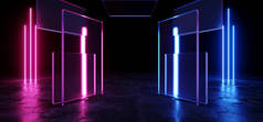 科幻未来现代优雅的深紫色舞台紫色浅蓝色发光玻璃面板网络背景透明激光光束支柱时尚混凝土曲柄湿地板3D渲染图解