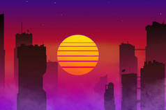 美丽而神奇的城市，摩天大楼，夕阳西下的轮廓背景
