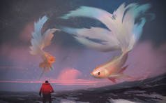 数码画风一个人站在雪山上，与在夕阳的天空中飞翔的巨型贝塔鱼相映成趣.