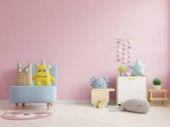 儿童房的壁炉墙在墙面粉红的背景上。 3D渲染