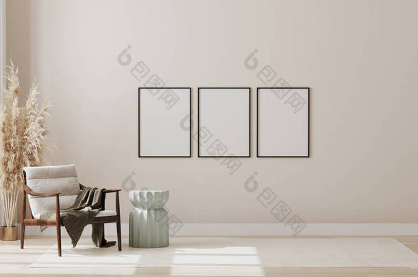简约现代客厅内部背景的墙上空白的招贴画框架，以丑闻式的客厅造型，3D渲染