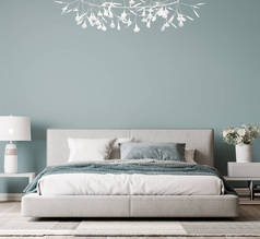 奢华明亮的居室设计，现代白色的床和雅致的家居饰物在淡蓝色的墙壁背景，3D渲染