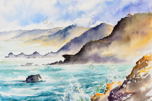 巨大的海浪冲破了海岸悬崖，多云的暴风雨天气。暴风雨季节，海景。海浪在岩石上冲破海岸线用水彩画的图片.