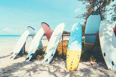 在蓝天背景的热带海滩上冲浪。暑假和运动极端的概念。复古色调过滤效果色彩风格.