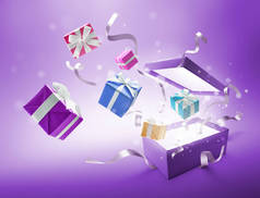 彩带和礼物从紫色的打开礼品盒中迸发出