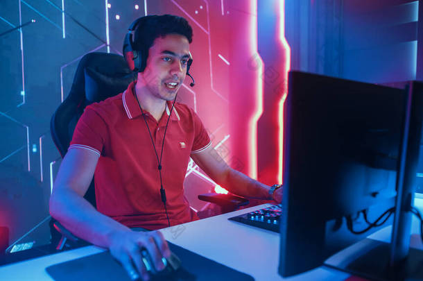 专业的电子游戏游戏玩家在电脑游戏中游戏。在背景风格的图形。网络锦标赛的装饰品。肖像画半侧面视图