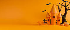 黄色背景的女巫城堡和枯树，概念、 3D渲染、 3D插图