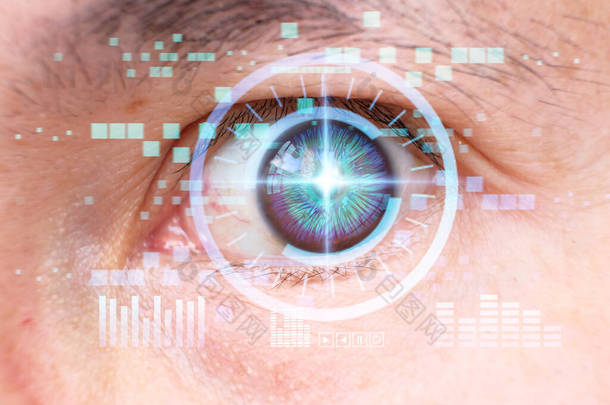 人眼识别面对身份证扫描过程.具有数字接口的白人女性的近视。人眼与高科技概念、海量数据筛选与数字转换技术策略