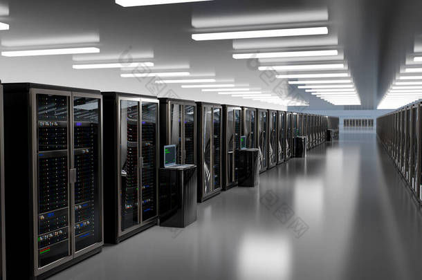 服务器机房数据中心的Rackmount LED控制台。服务器。房间服务器数据中心。带有存储信息的备份、挖掘、<strong>托管</strong>、主机、农场和计算机机架。3D渲染