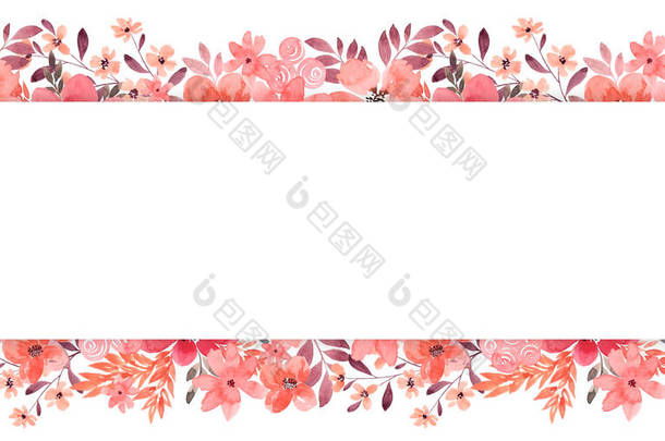 一种由粉红的桃花和白色背景的粉红花朵制成的框架。横向横幅美丽的名片，贴纸，价格标签，广告，邀请函。复制图像中心的空间