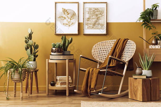 客厅室内装饰风格别致，配有设计藤椅、两个模拟招贴画架、植物、立方体、棕榈及个人配饰，装饰蜂蜜黄色家居装饰。模板.