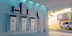 当地家庭能源存储的概念，使用氢和电池在一个美丽的下午气氛的车库，一个电氢汽车的背景，一个房子和一个城市。3d渲染.
