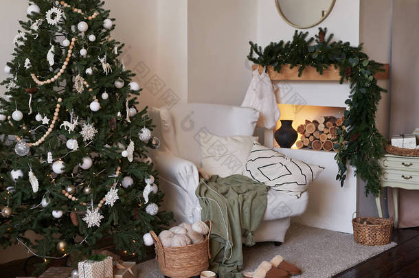 圣诞丑闻在鸟类客厅。绿白相间的圣诞树背景。新年庆祝活动。圣诞快乐，新年快乐