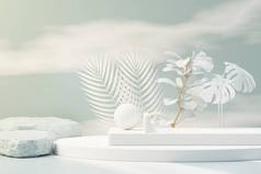 3D渲染的抽象基座讲台展示与热带树叶和蓝天云彩画布和植物场景。产品和促销概念的广告.蓝色粉刷天然背景.