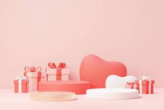 三维渲染最小甜甜的场景与展示平台，用于模拟和产品品牌展示。粉红石碑代表情人节的主题。可爱的心脏背景。爱日的设计风格.