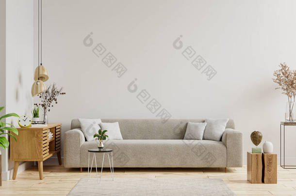 空荡荡的客厅，沙发上有植物和桌子，放在空荡荡的白墙背景上。