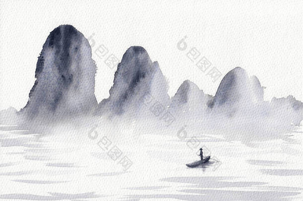 山水彩绘,海上钓鱼船.亚洲平静与和平的景观图解。东方绘画，多雾的岩石。冥想背景、卡片、印刷品、海报的概念.