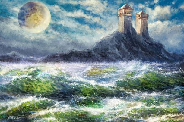 油画风景,夜晚城堡,月光城堡.海景，美术