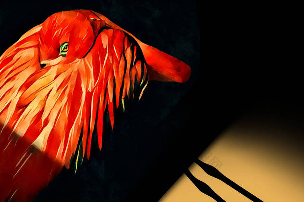在数字水彩画中，人们看到一只火烈鸟的喙被埋在羽毛中.