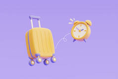 时间旅行的概念，网上订票用黄色行李箱和闹钟，旅游和旅行计划旅行，度假，3D渲染