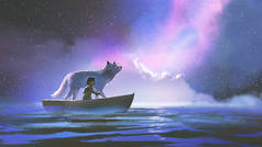 男孩和他的狼在夜空的星空中划船，数码艺术风格，插图绘画