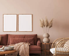 Cozy living room design, poster frame mockup in warm interior design space, 3d render