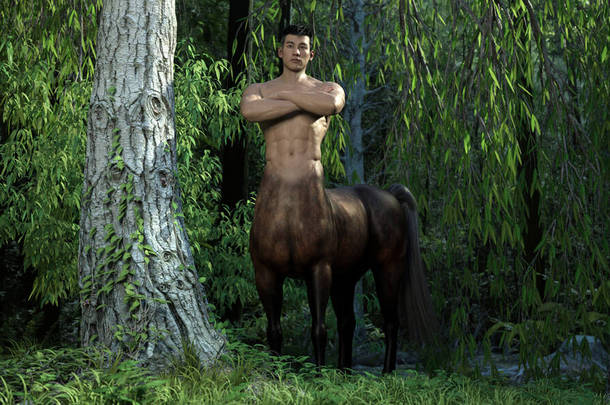 3D Render : portrait of handsome male centaur in the green willow forest with depth of field