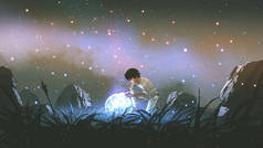 Young man in white looking down at the glowing little planet on the ground, digital art style, illus