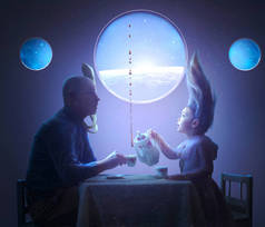 一对父女俩在太空共享一个茶会