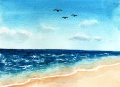 水彩画海景。温暖的大海或海洋, 干净的沙滩, 荒芜的海滩, 休闲的景观