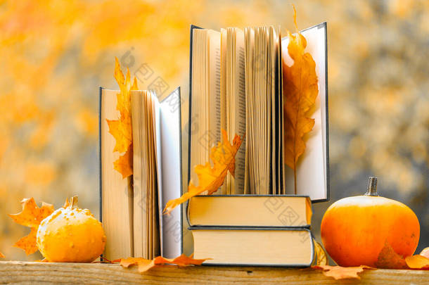 关于秋天和万圣节的<strong>书籍</strong>。回到学校。秋天的主题阅读。秋天的花园里，阳光灿烂，<strong>书籍</strong>和南瓜纷纷落下。开始上学和上大学的概念.