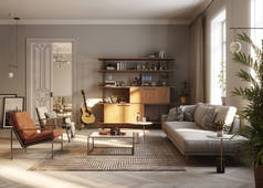 Computer generated image of a modern living room. 3D Rendering of a full furnished living Room inter