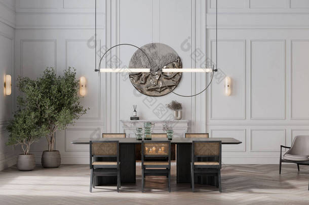 Digitally generated image of black wooden dining table and chairs with overhanging lights and two ho