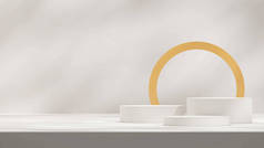 3d render template mockup of white podium in landscape with sun shadow background and yellow backdro