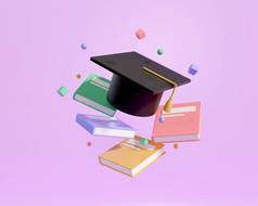 3d education with book and degree cap. knowledge learning concept. congratulation for success educat