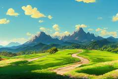 从阳光普照的长满青草的小山，泥泞的道路，到高山山脉，美丽的阳光普照的高山，多姿多彩的风景，美丽的高山，美丽的山脉。