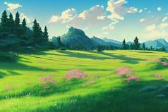 山野草甸在夏季风景，动漫风格，绘画