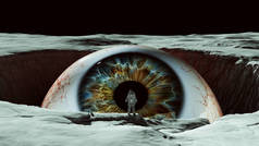 与宇航员太空人一起看月球的巨大的眼棒球太空人月球景观陨石坑星际科幻3D图解