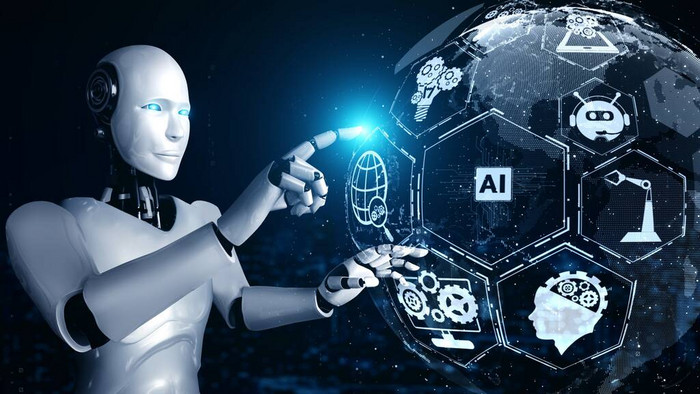 人工智能人形机器人触摸全息图屏幕通过机器